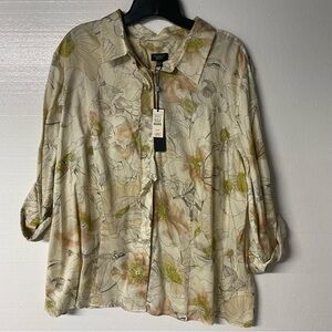 Talbots Shirt Women 20WP Beige Ruffle Button Front Cotton Floral Roll Tab Sleeve